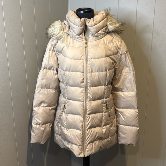 C CALVIN KLEIN Women’s Large Hooded Shiny Blush Puffer Coat Faux Fur Trim - Picture 1 of 10